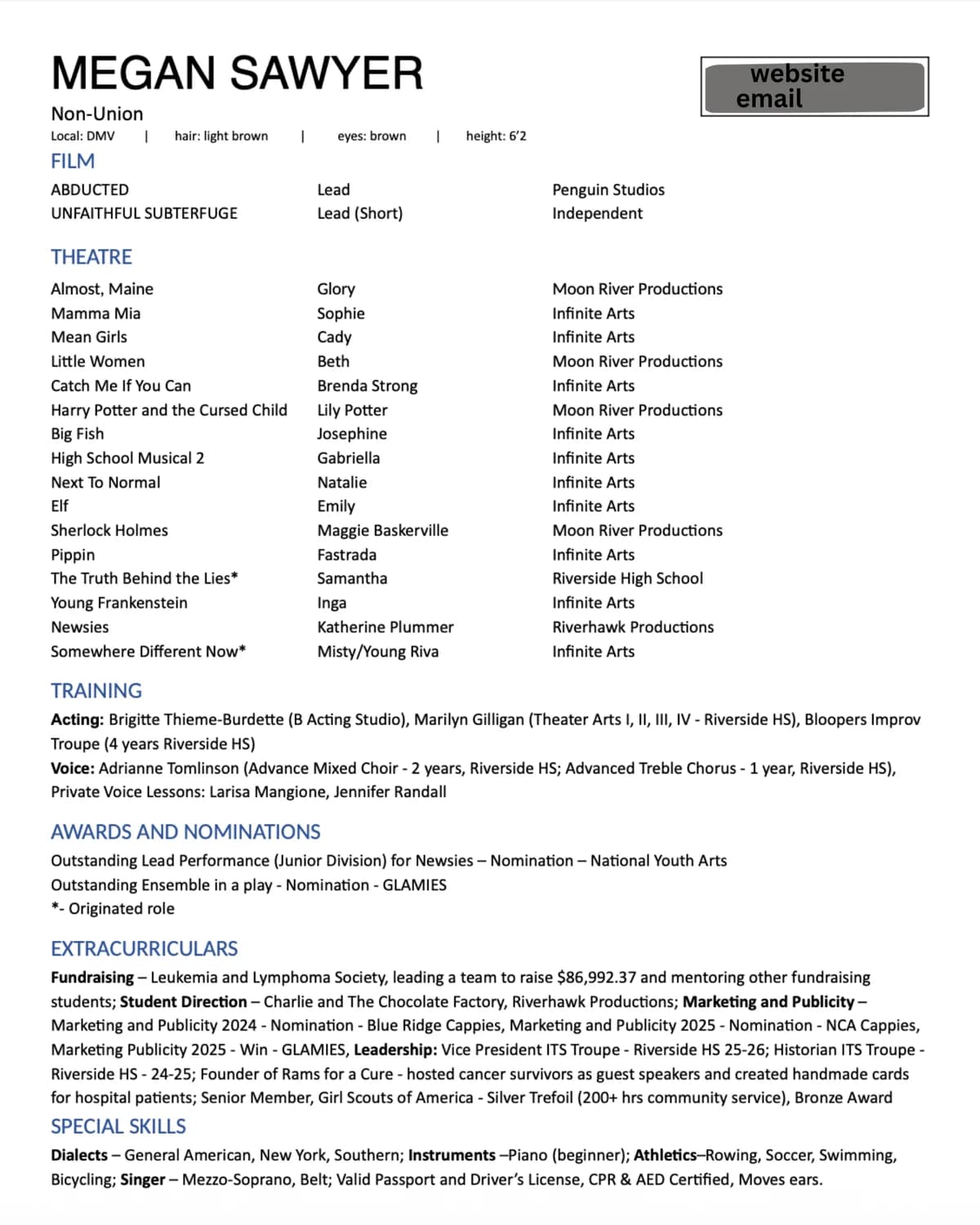 Megan's artistic resume: non-union header with location, hair, eyes, and height, followed by film and theatre credits, training, awards and nominations, extracurriculars, and special skills