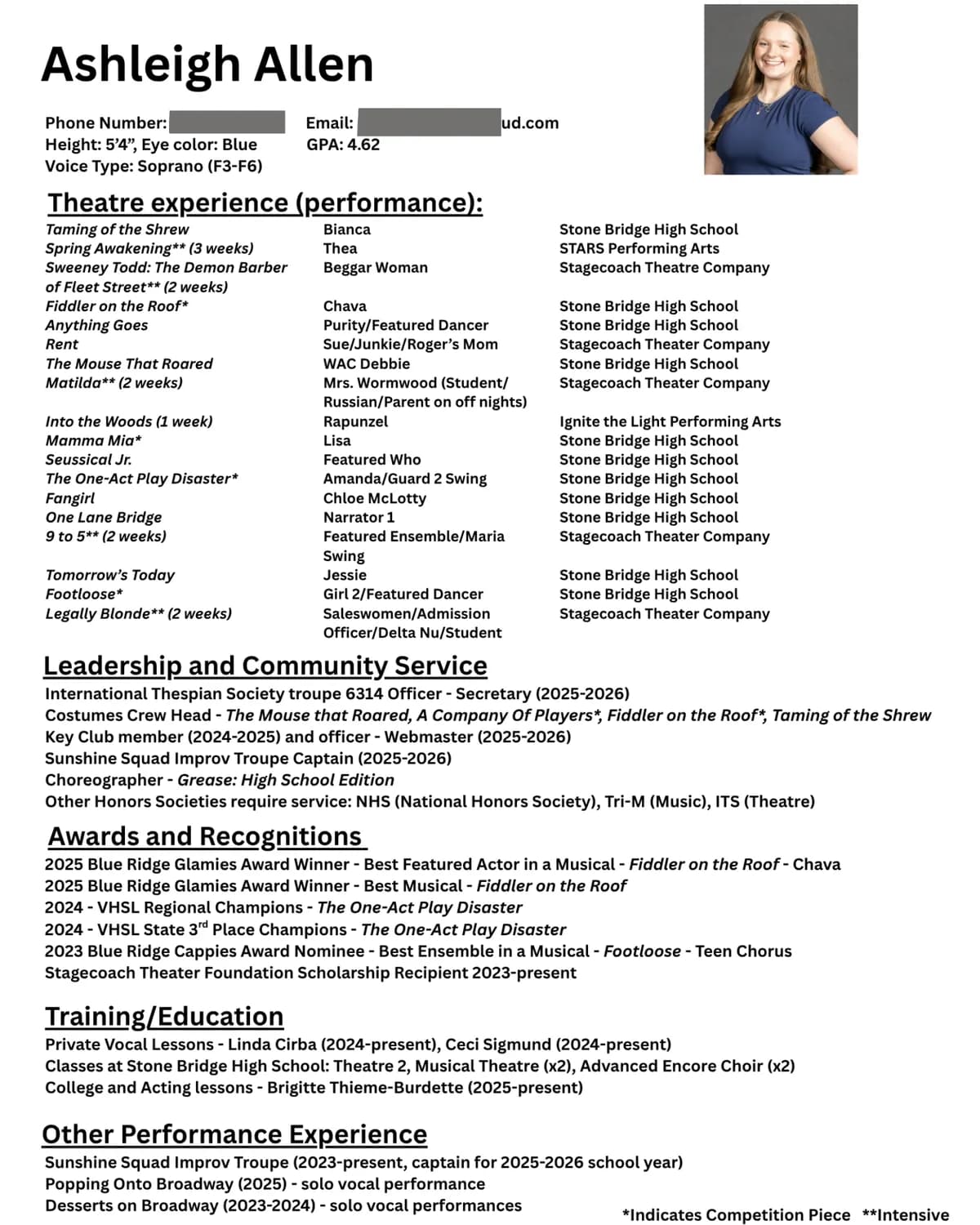 Ashleigh's artistic resume: header with headshot photo, height, eye color, GPA, and soprano voice type, followed by theatre experience, leadership and community service, awards, training, and other performance experience