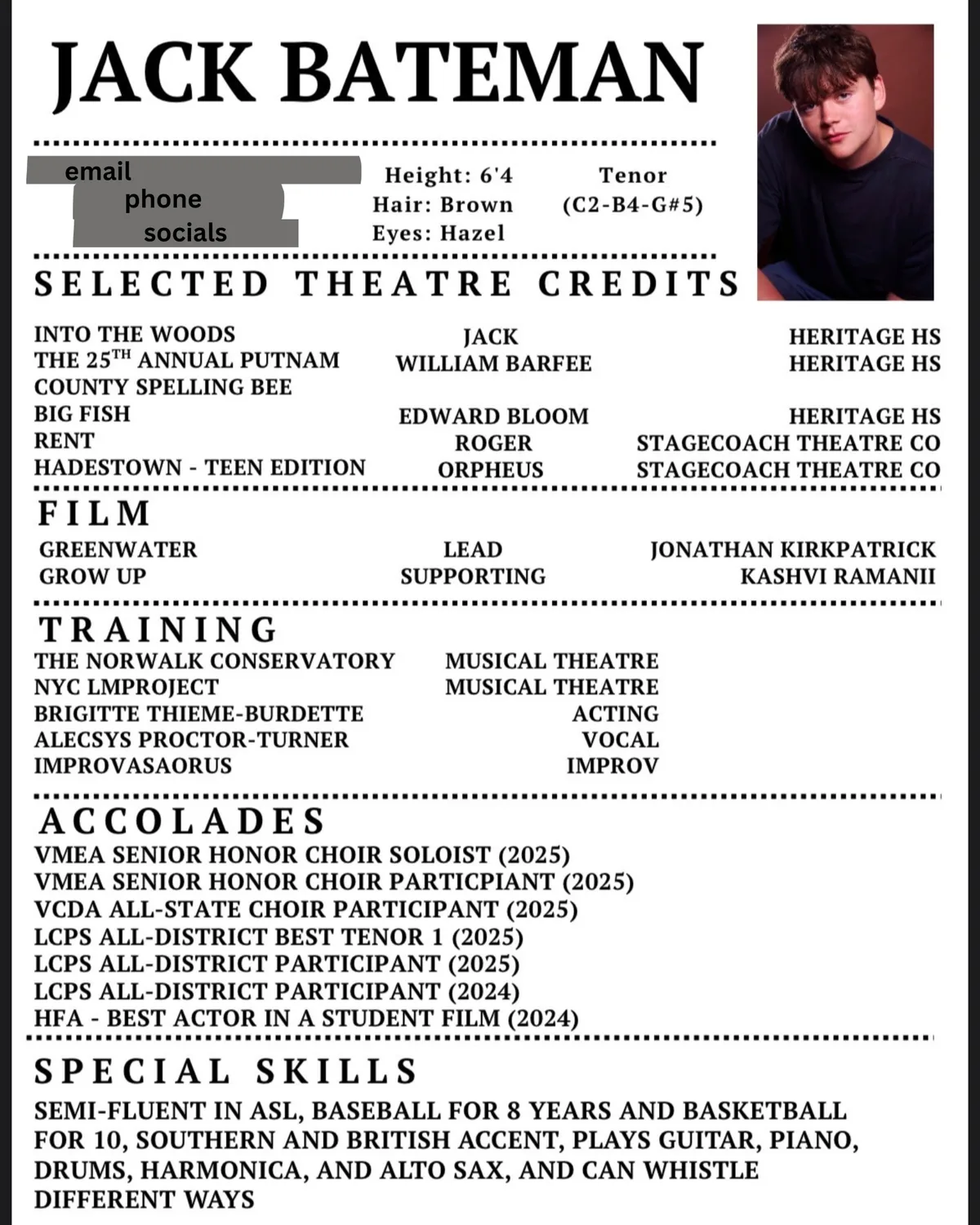Jack's artistic resume: designed layout with headshot, height, hair, eyes, and tenor vocal range, followed by selected theatre credits, film, training, accolades, and special skills