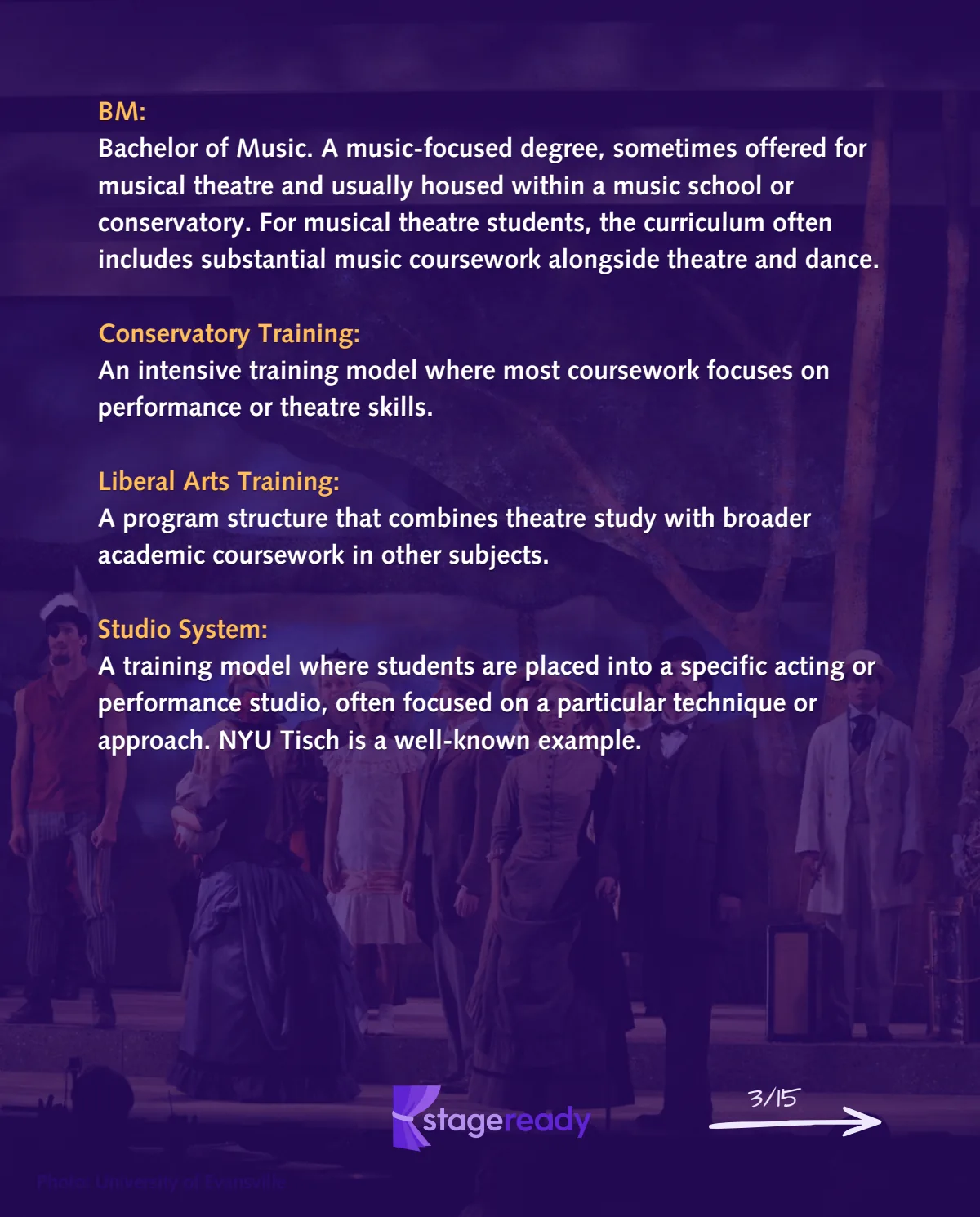 Degrees and training continued: BM, conservatory training, liberal arts training, and the studio system