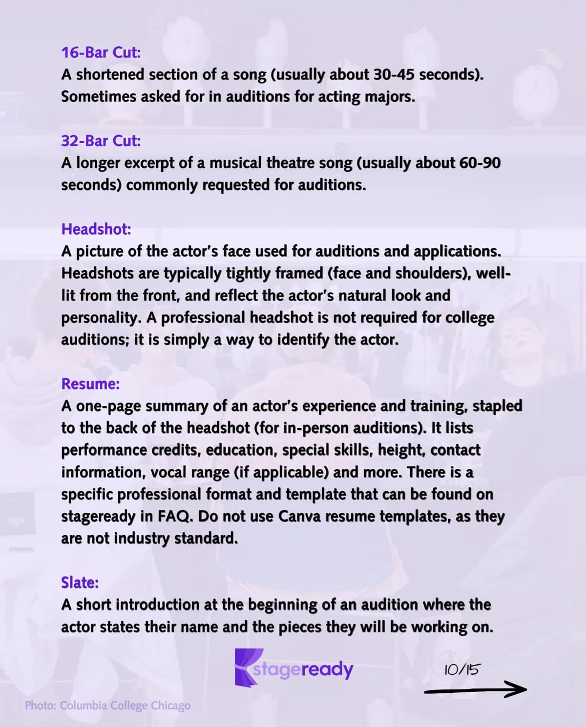 Audition materials continued: 16-bar cut, 32-bar cut, headshot, resume, and slate