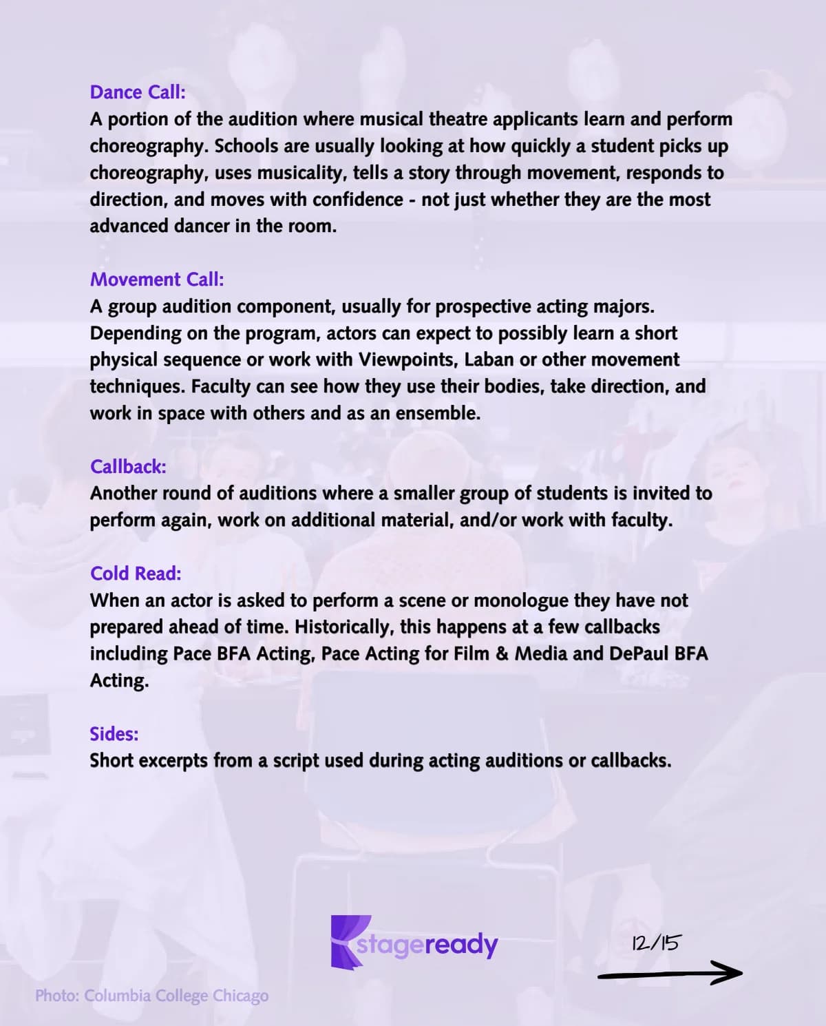 Audition terms: dance call, movement call, callback, cold read, and sides