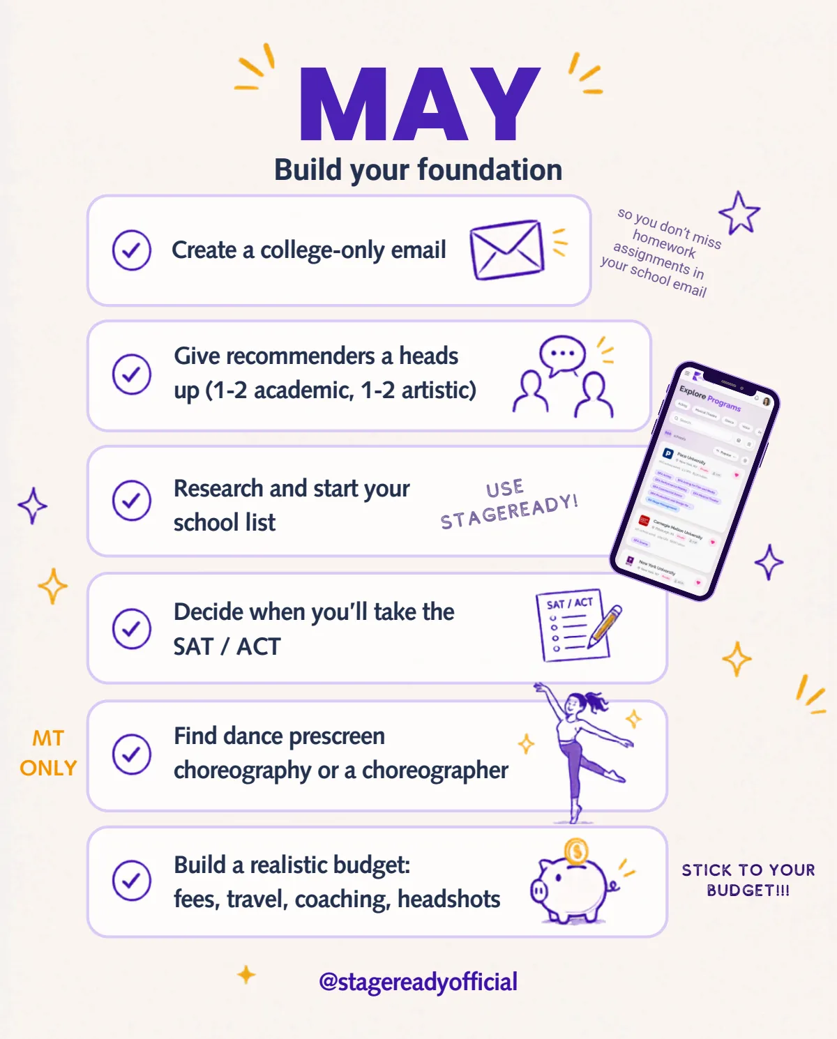 May, build your foundation: college email, recommenders, school list, test dates, dance prescreen, and budget