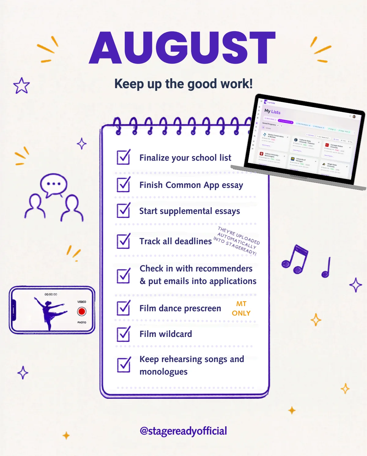August: finalize your school list, finish essays, track deadlines, and film your dance prescreen and wildcard