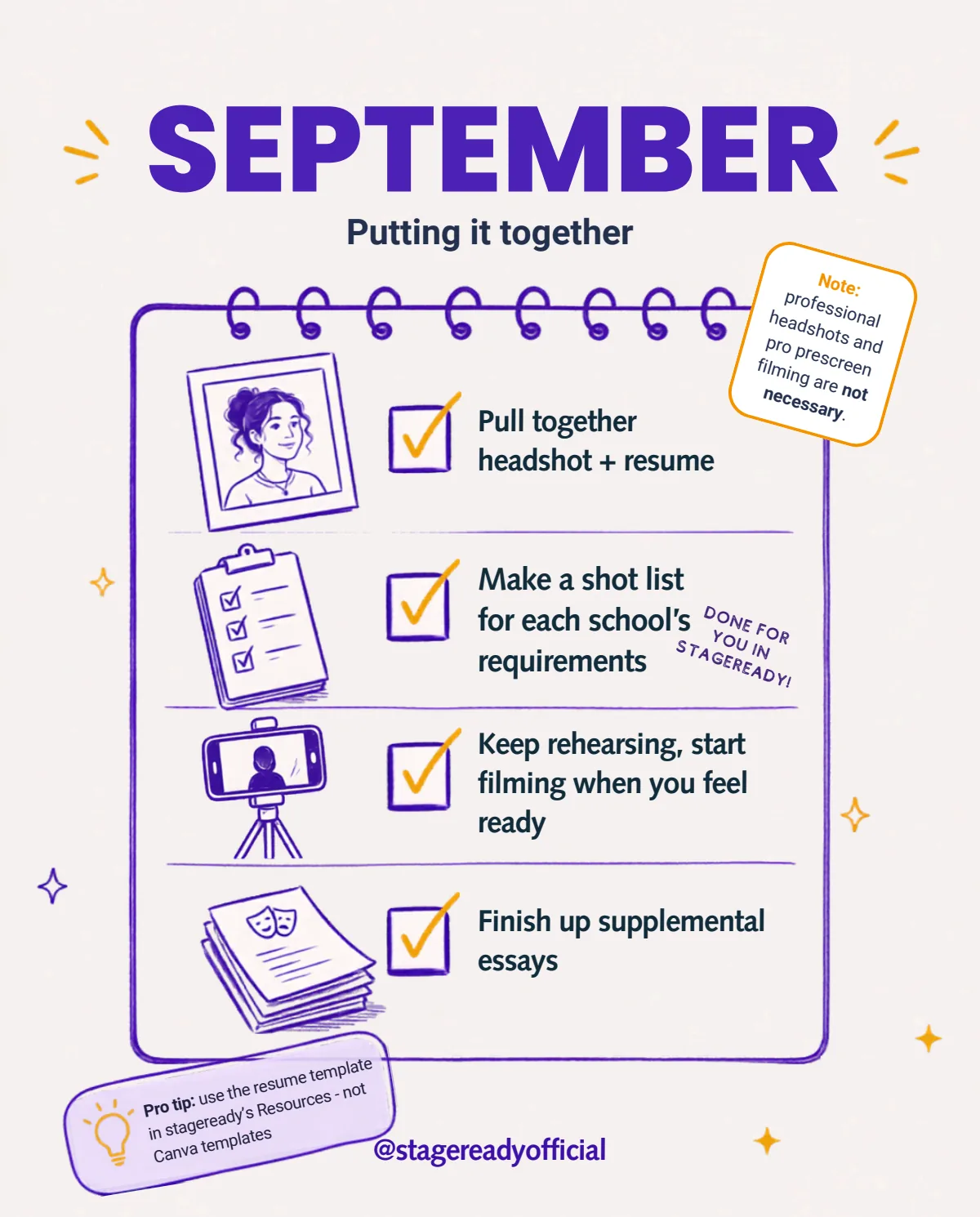 September, putting it together: headshot and resume, shot list, rehearse and film, and supplemental essays