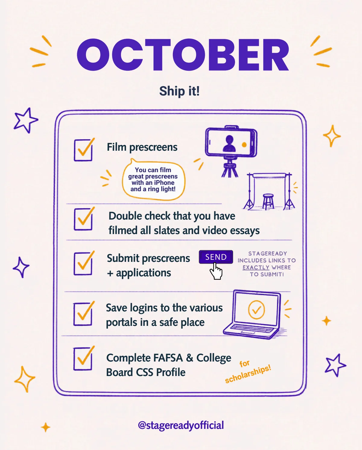 October, ship it: film prescreens, submit prescreens and applications, save logins, and complete FAFSA and CSS Profile