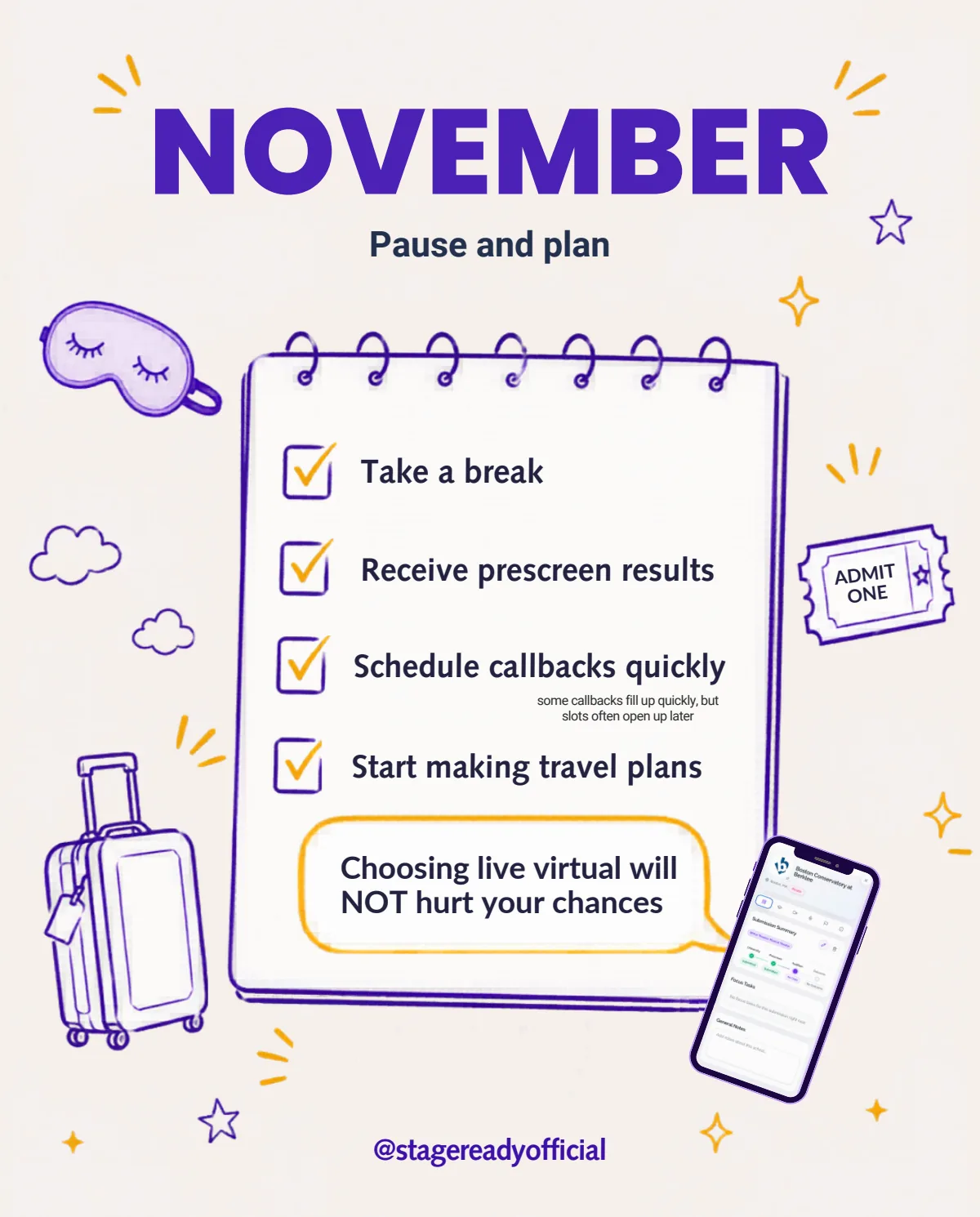 November, pause and plan: receive prescreen results, schedule callbacks, and start travel plans