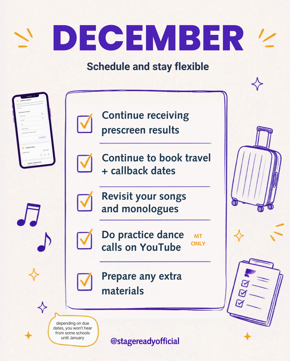 December, schedule and stay flexible: book travel and callbacks, and revisit your songs and monologues