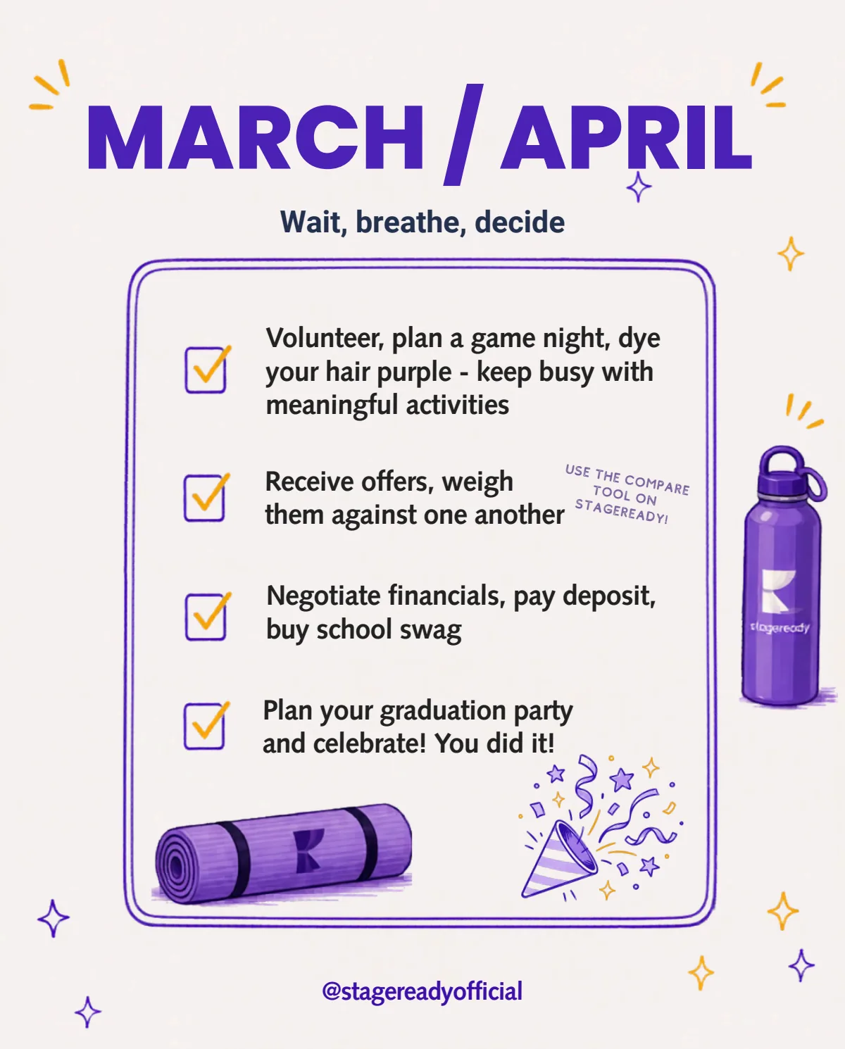 March and April, wait, breathe, decide: receive and compare offers, pay your deposit, and celebrate