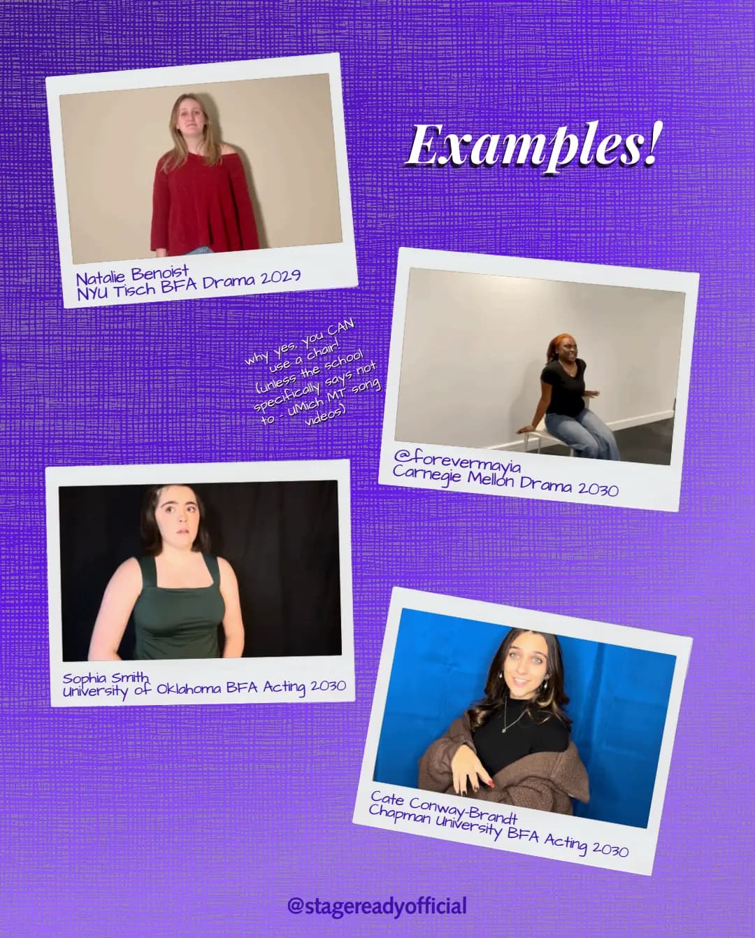 Examples: home prescreen setups from Natalie Benoist, NYU Tisch BFA Drama 2029; @forevermayia, Carnegie Mellon Drama 2030; Sophia Smith, University of Oklahoma BFA Acting 2030; and Cate Conway-Brandt, Chapman University BFA Acting 2030. Why yes, you can use a chair, unless the school specifically says not to, as University of Michigan does for musical theatre song videos