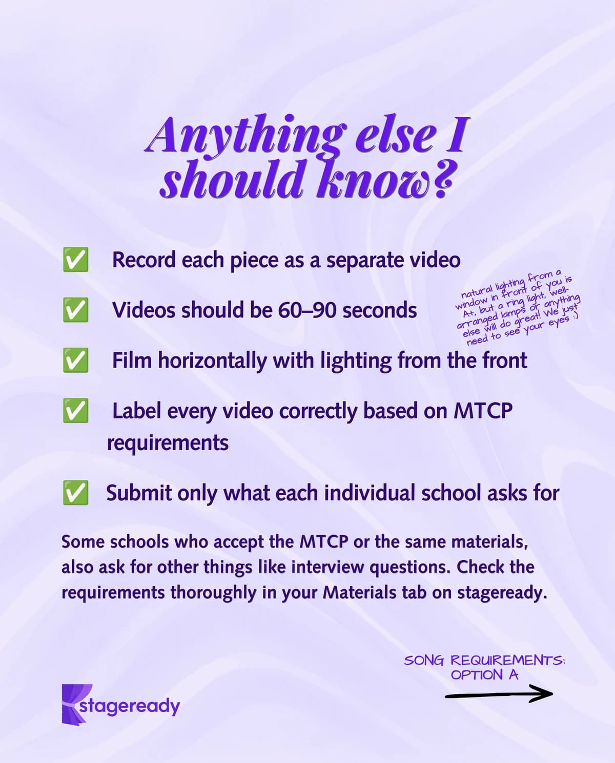 MTCP filming checklist: separate videos, 60 to 90 seconds, horizontal framing, front lighting, correct labels, and school-specific submissions