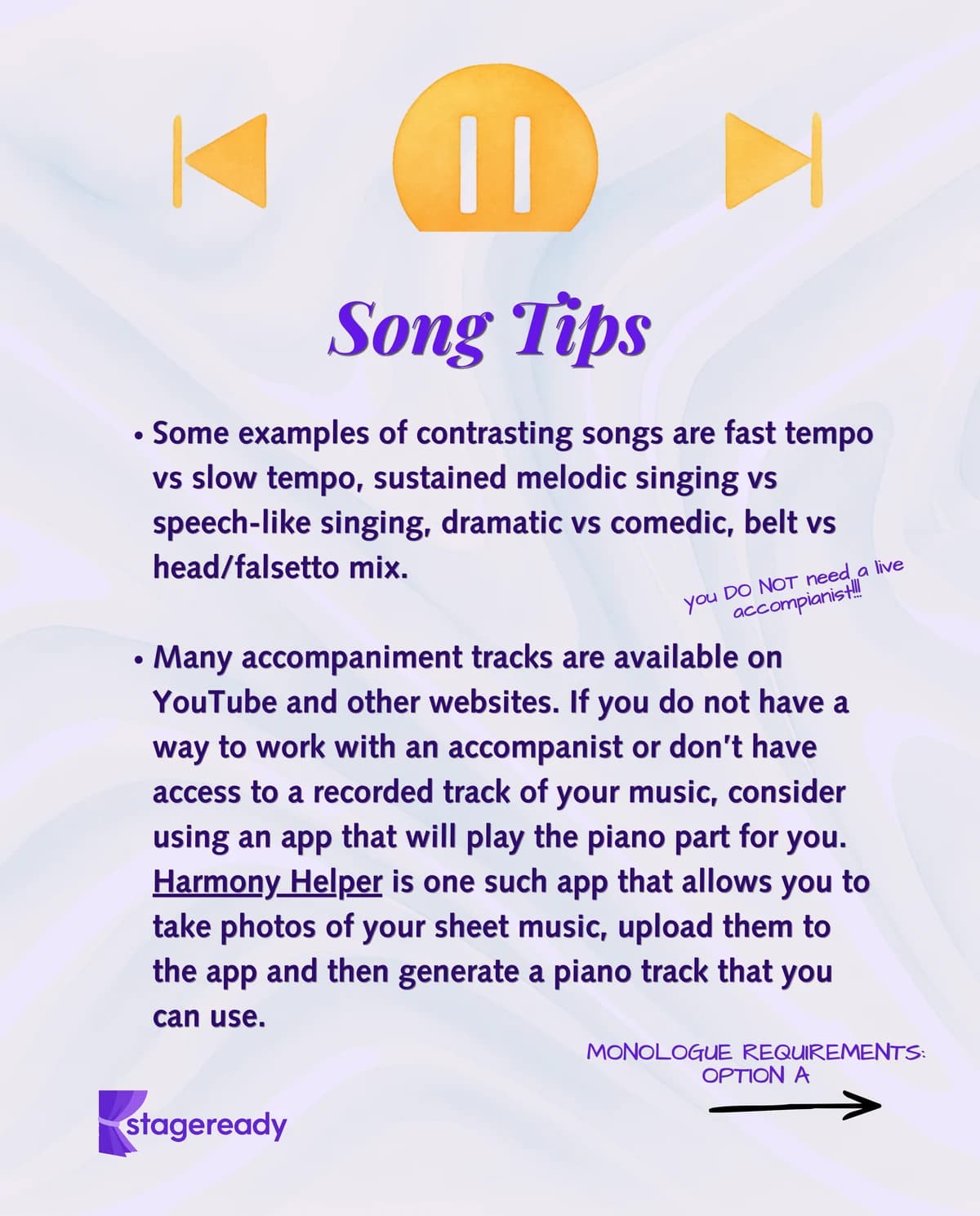 Song tips for contrasting selections and recorded accompaniment