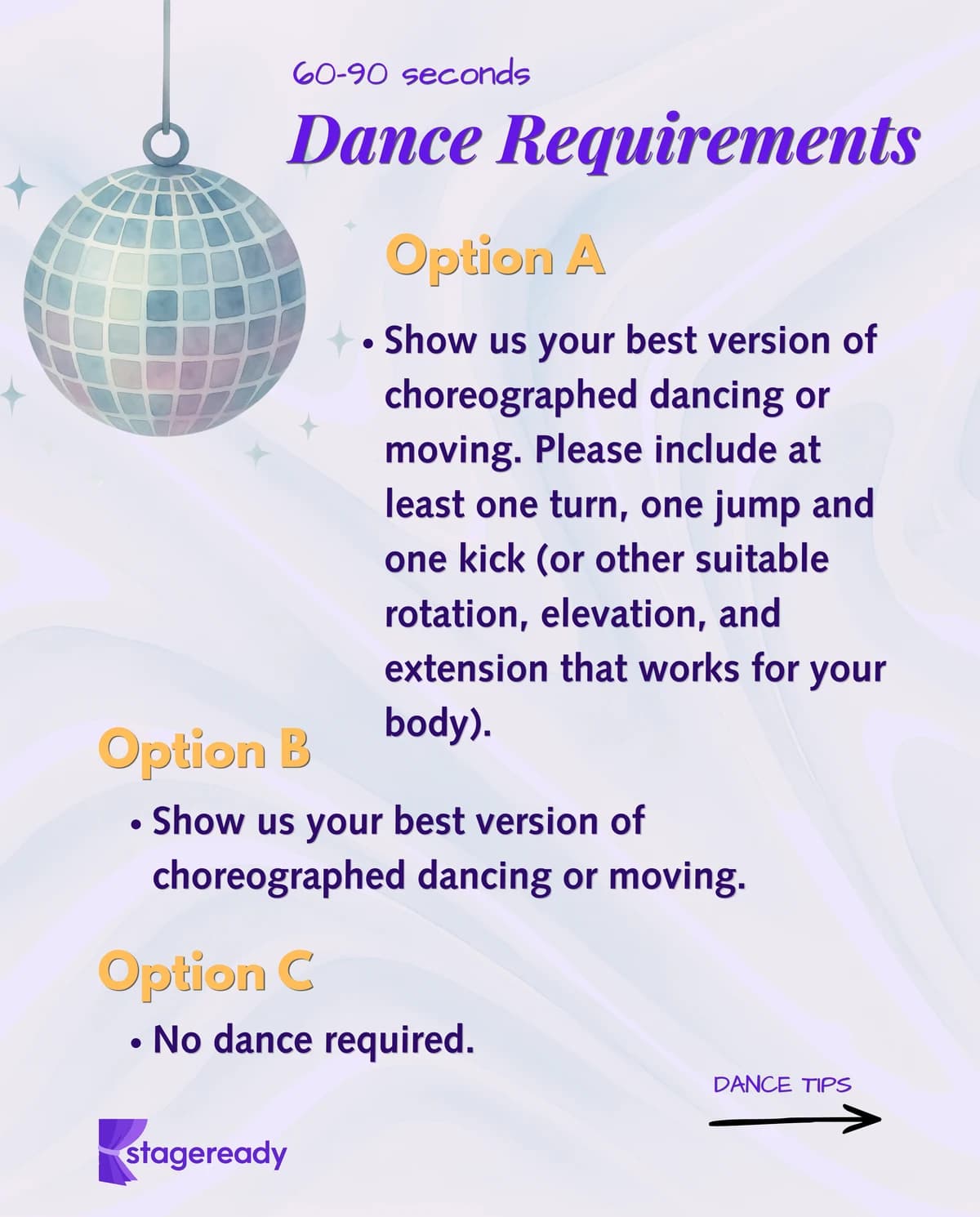 Dance Options A, B, and C: technical movement, open choreography, or no dance requirement