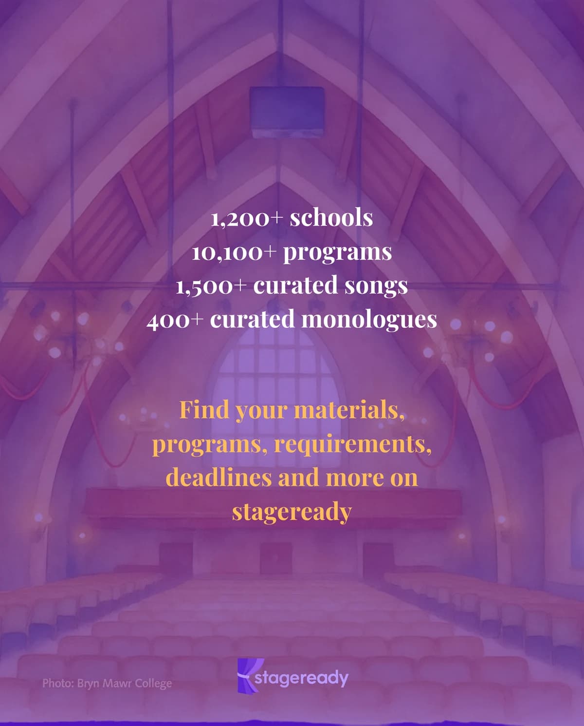 Closing slide: find programs, materials, requirements, deadlines, curated songs, and monologues on stageready