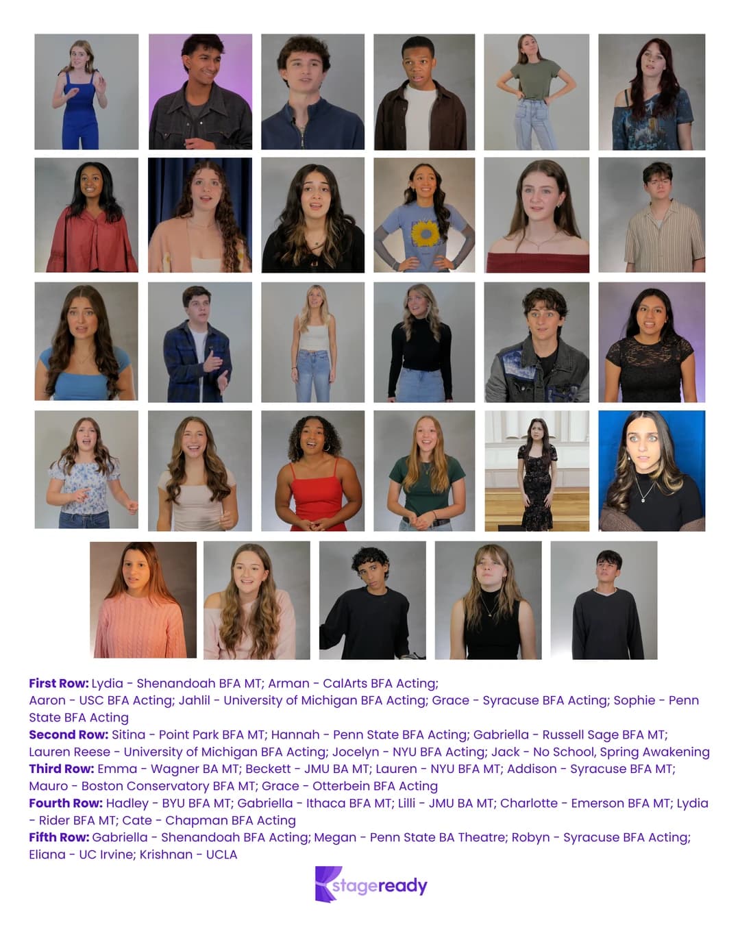 Who is who: a grid of 29 students with their programs, including Shenandoah, CalArts, USC, Michigan, Syracuse, Penn State, Point Park, NYU, Boston Conservatory, BYU, Ithaca, Emerson, and Chapman