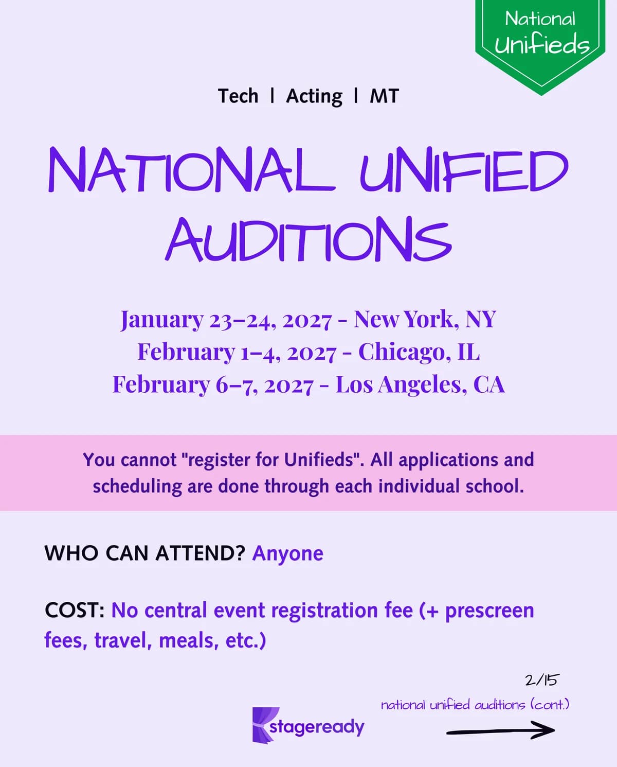 National Unified Auditions dates for New York City, Chicago, and Los Angeles, with a reminder that students schedule through each school