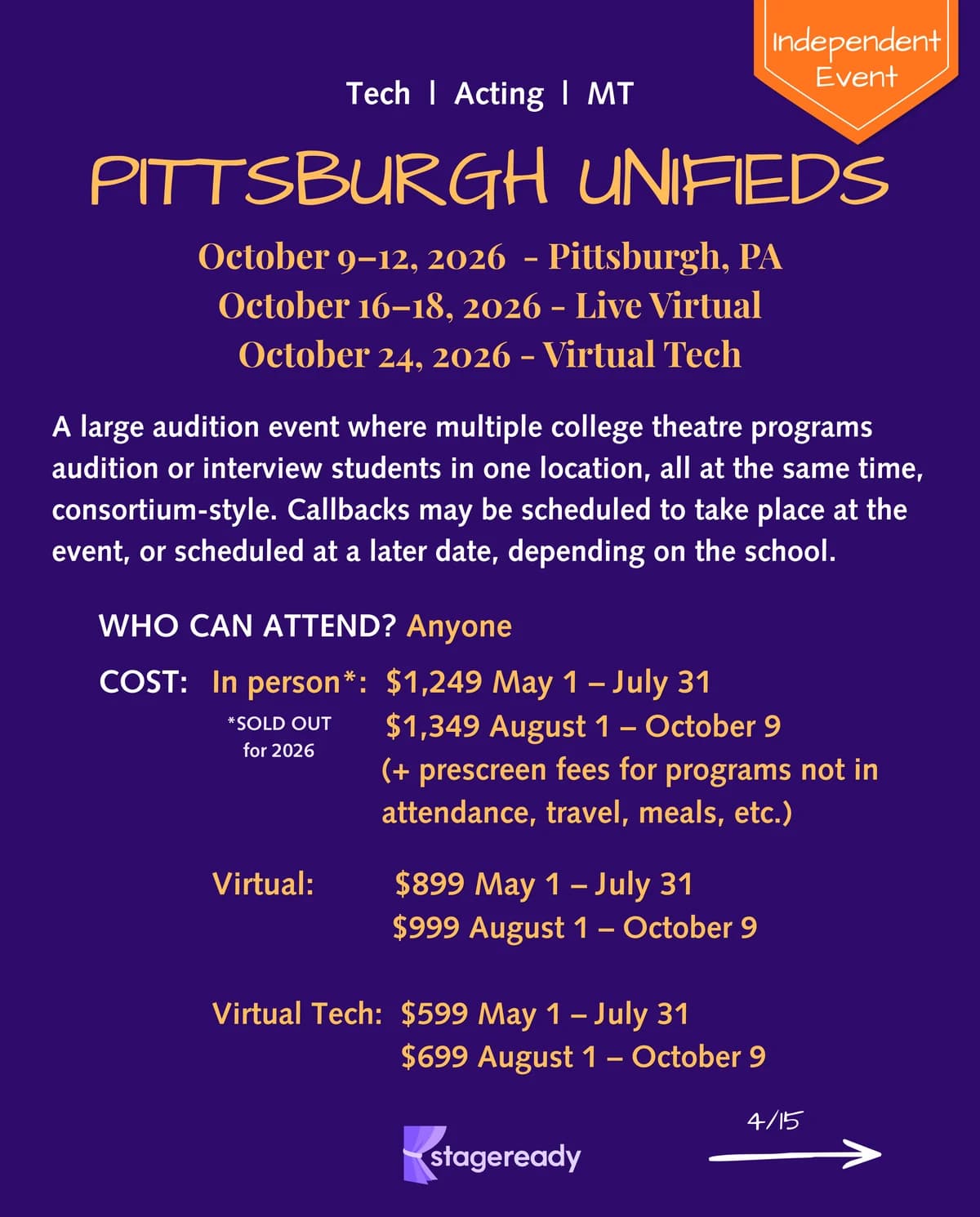Pittsburgh Unifieds overview with dates, in-person, virtual, and virtual tech pricing, and details for tech, acting, and musical theatre applicants