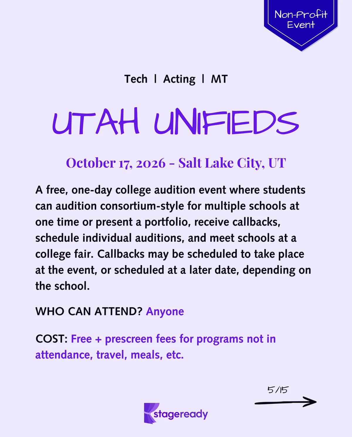 Utah Unifieds overview, a free one-day nonprofit college audition event in Salt Lake City for tech, acting, and musical theatre applicants