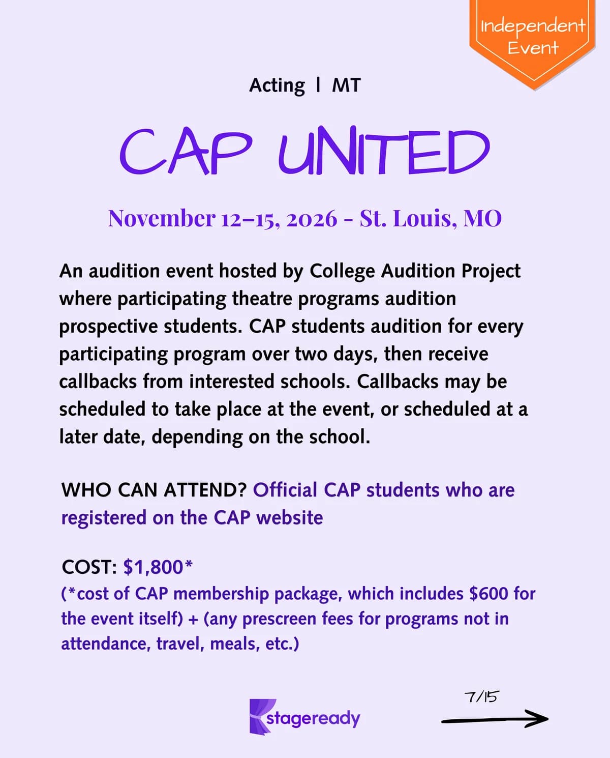 CAP United overview, an independent event in St. Louis for acting and musical theatre applicants registered through College Audition Project