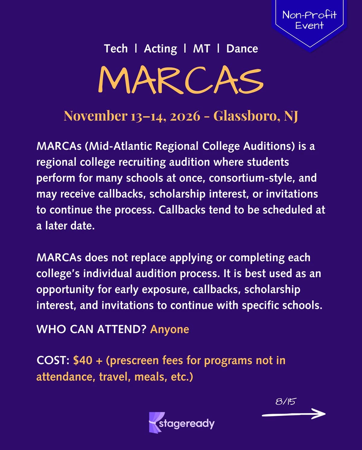 MARCAs overview, a nonprofit Mid-Atlantic Regional College Auditions event in Glassboro, New Jersey for tech, acting, musical theatre, and dance applicants