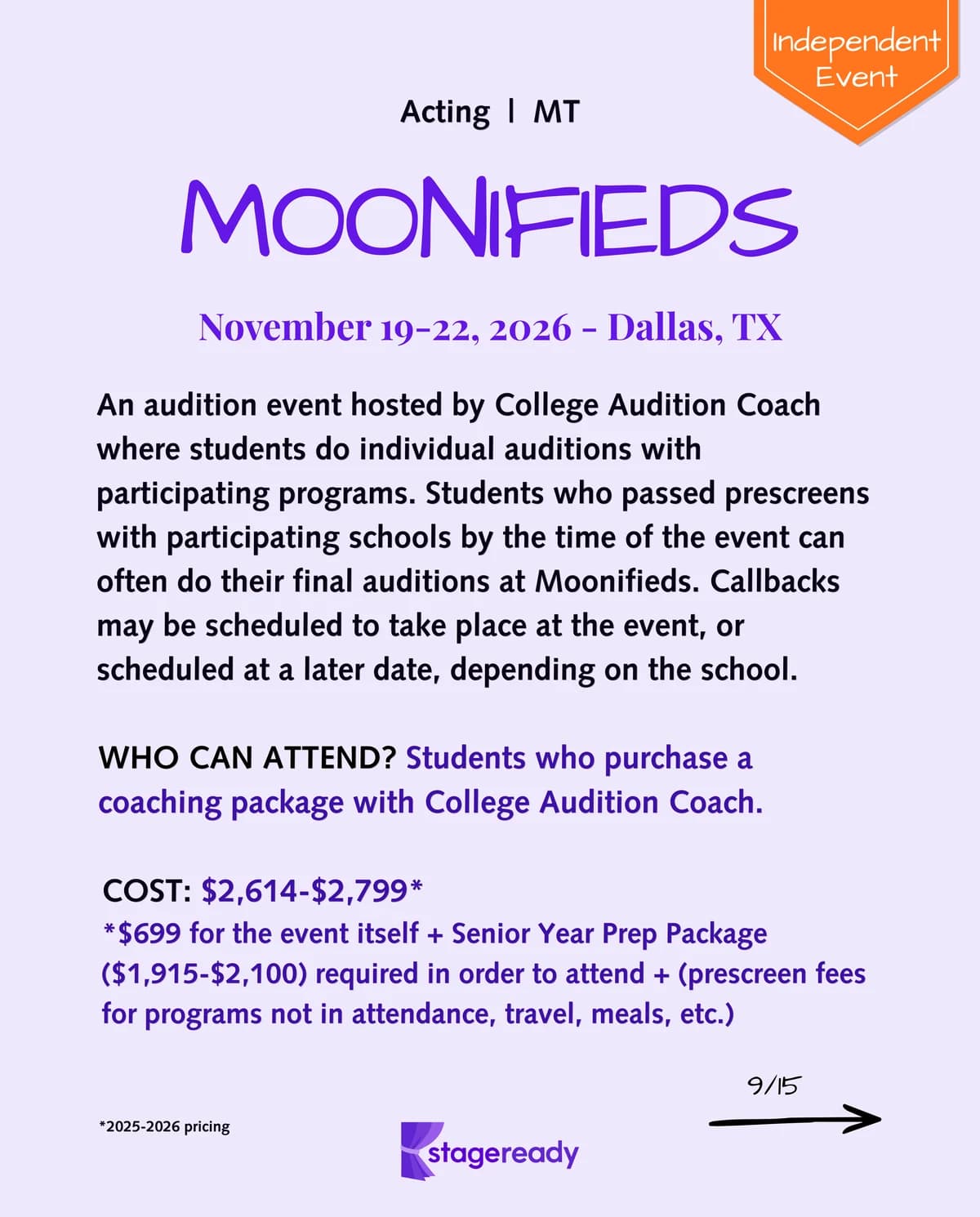 Moonifieds overview, an independent Dallas audition event for acting and musical theatre applicants who purchase a College Audition Coach package