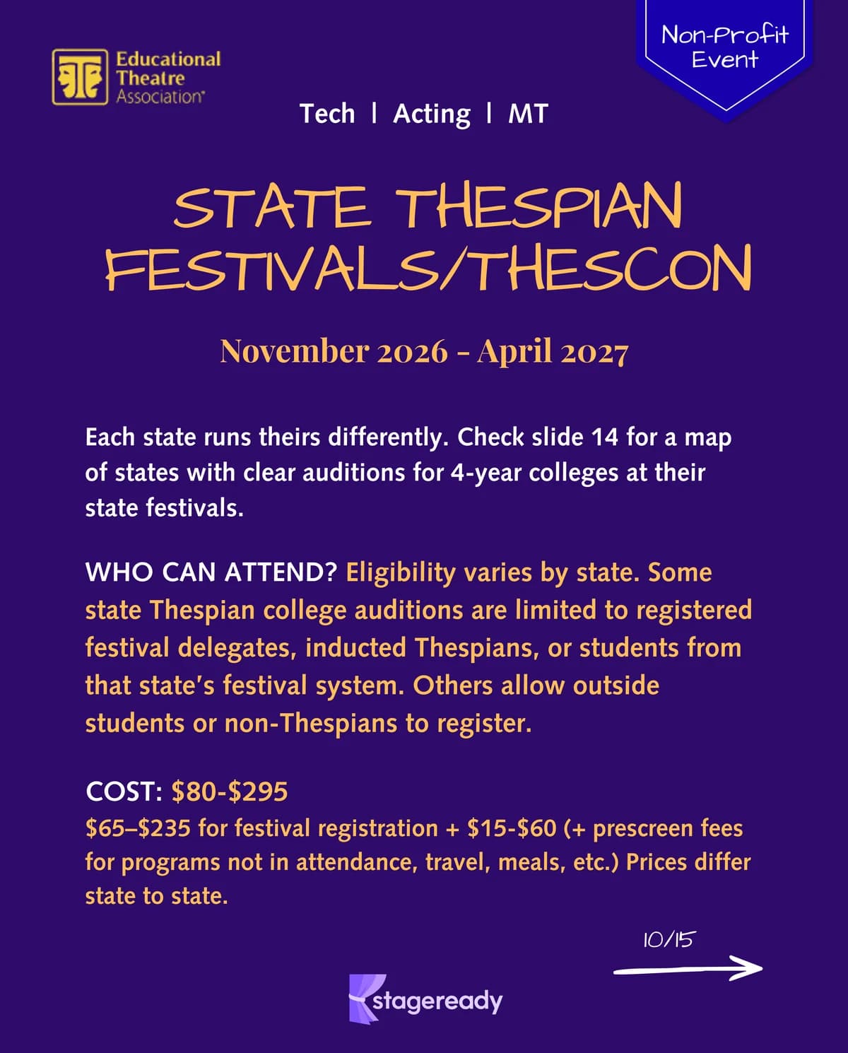 State Thespian festivals and Thescon college auditions overview, with costs and eligibility varying by state