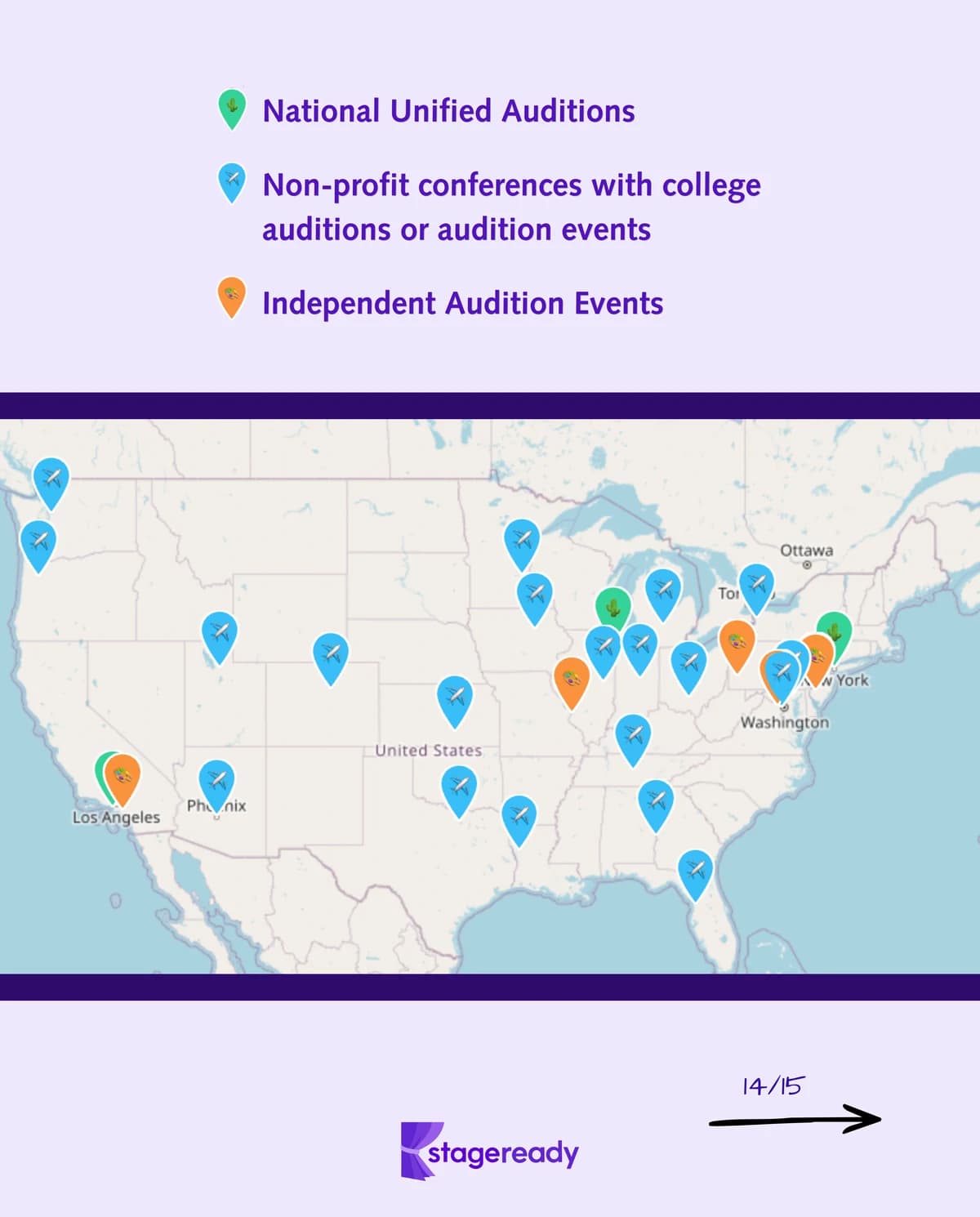 Map showing National Unified Auditions, nonprofit conferences with college auditions, and independent audition events across the United States