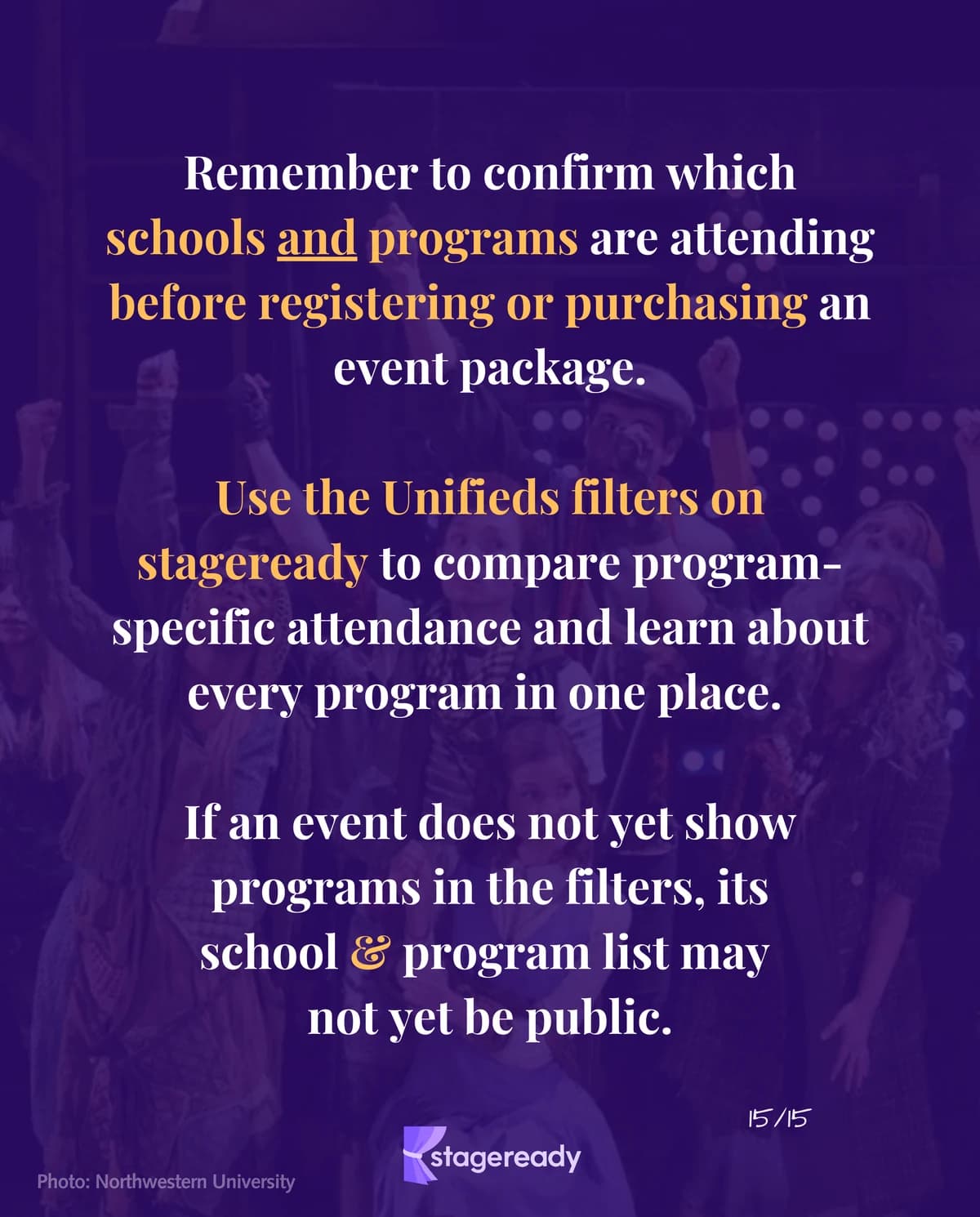 Reminder to confirm which schools and programs are attending before registering or purchasing an event package, and to use stageready college audition event filters