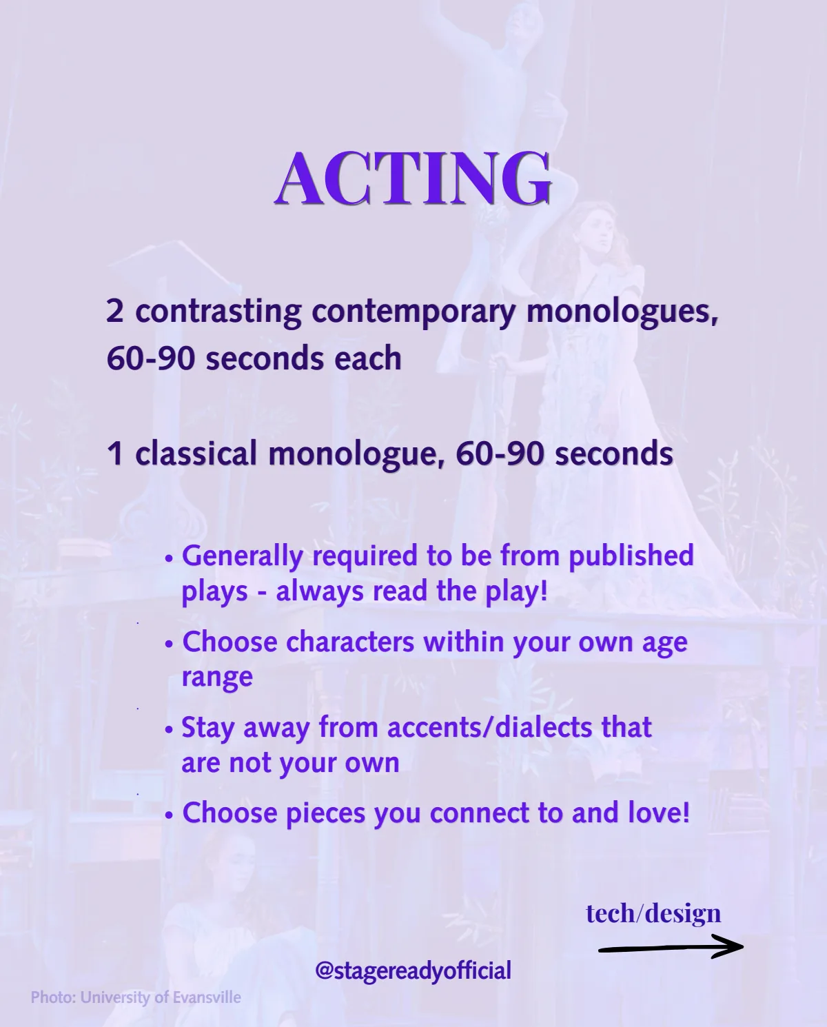 Acting requirements: two contrasting contemporary monologues and one classical monologue from published plays
