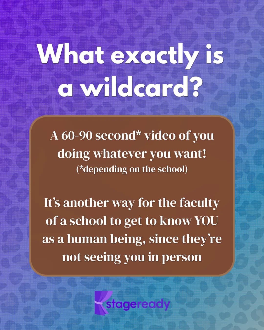 What exactly is a wildcard? A 60 to 90 second video of you doing whatever you want (depending on the school) — another way for the faculty to get to know you as a human being, since they are not seeing you in person