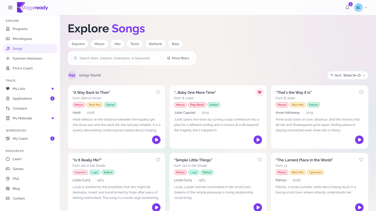 Browse songs and monologues