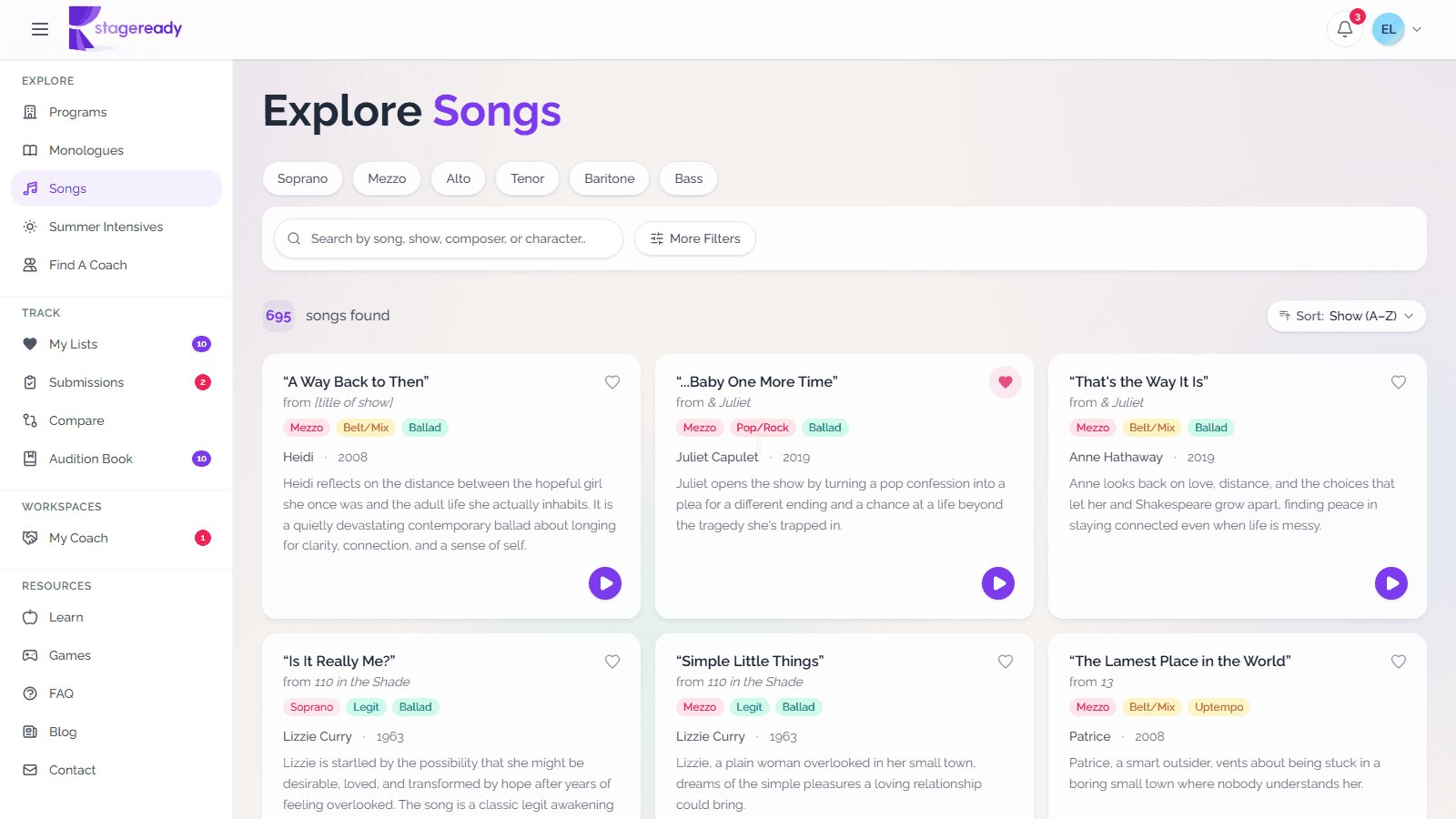 Browse songs and monologues
