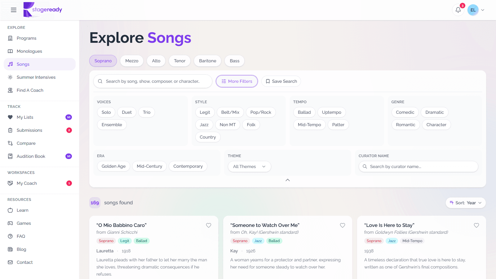 Songs browse page with Soprano selected, More Filters expanded, and the Year sort active