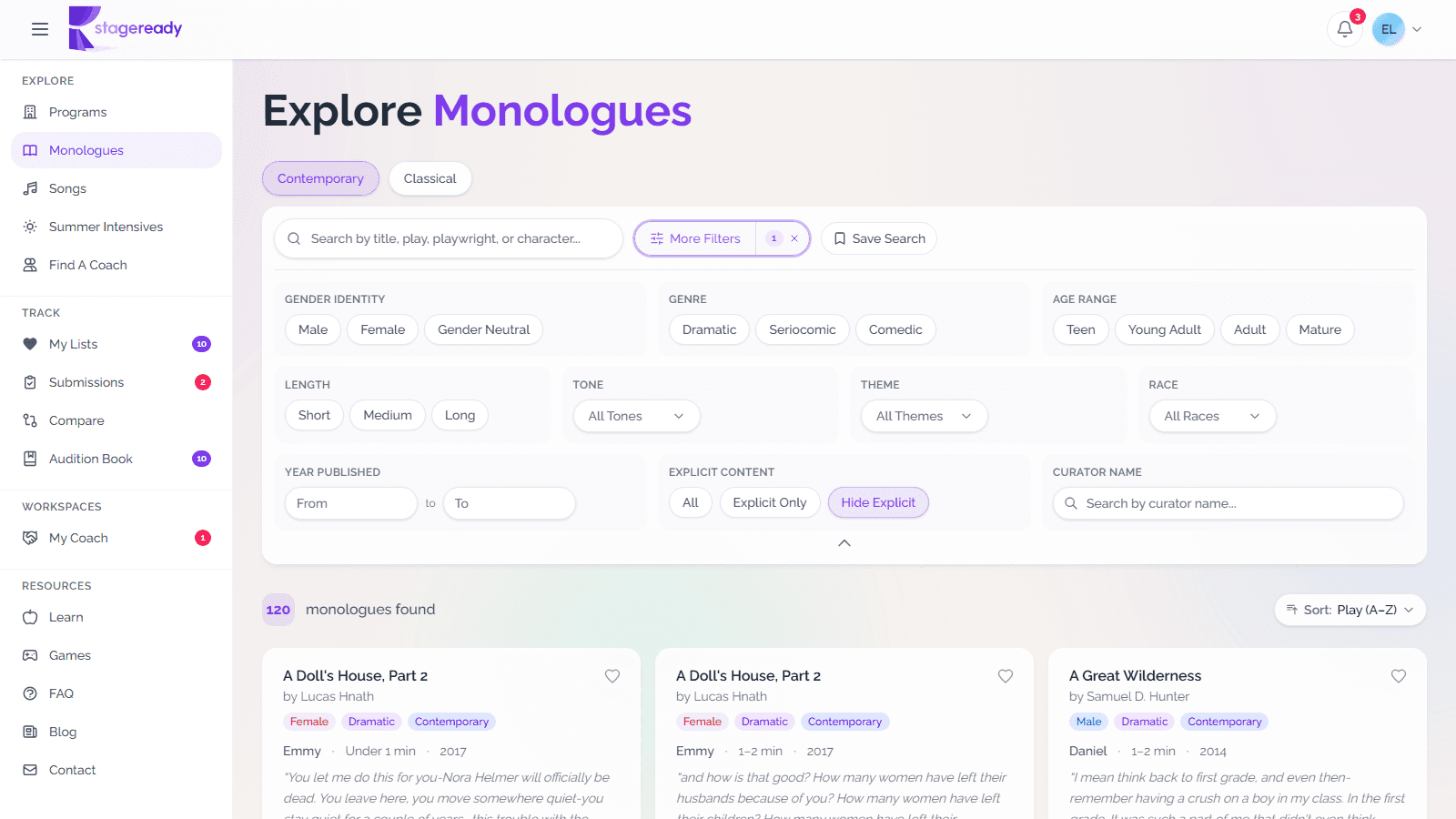 Monologues browse page with Contemporary selected, Hide explicit active, and audition-fit filters expanded