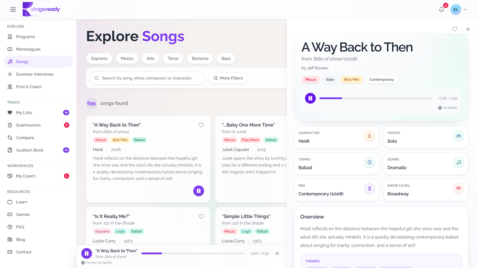 Song preview playing with the Spotify-attributed now-playing bar showing pause, seek, time, and dismiss controls