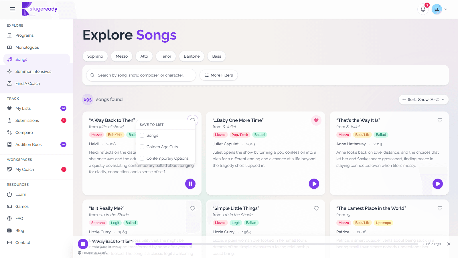Save to list picker opened from a song card heart with multiple Audition Book song lists available