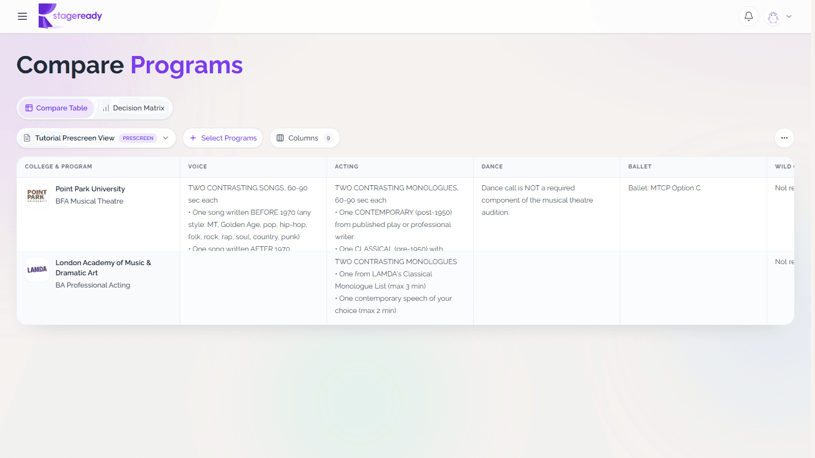 Compare prescreen requirements
