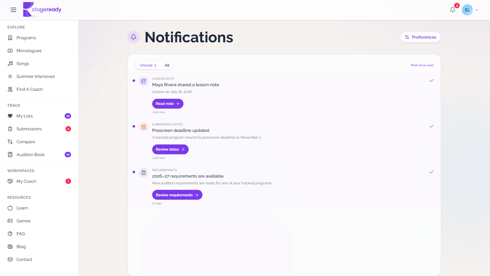 Full Notifications center with Unread and All tabs, notification actions, and the Preferences button