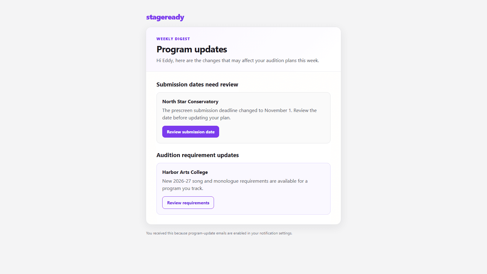 Program updates email with separate sections for submission dates and audition requirement updates