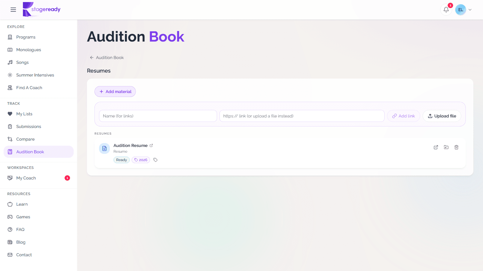 Audition Book material bucket with Add material controls for an external link or file upload