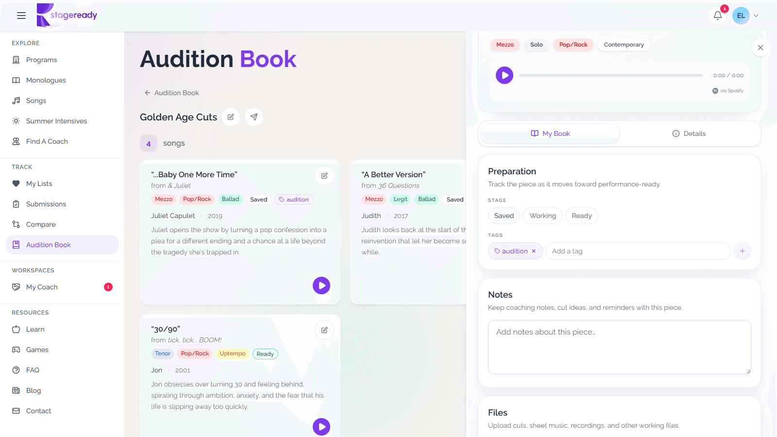 Audition Book piece workspace with Saved, Working, and Ready stage controls plus tags, notes, and files