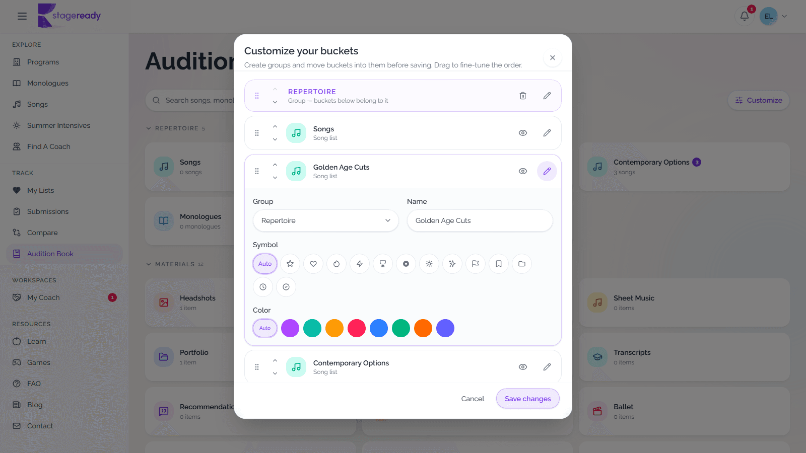 Customize your buckets dialog with reorder, visibility, group, name, symbol, and color controls