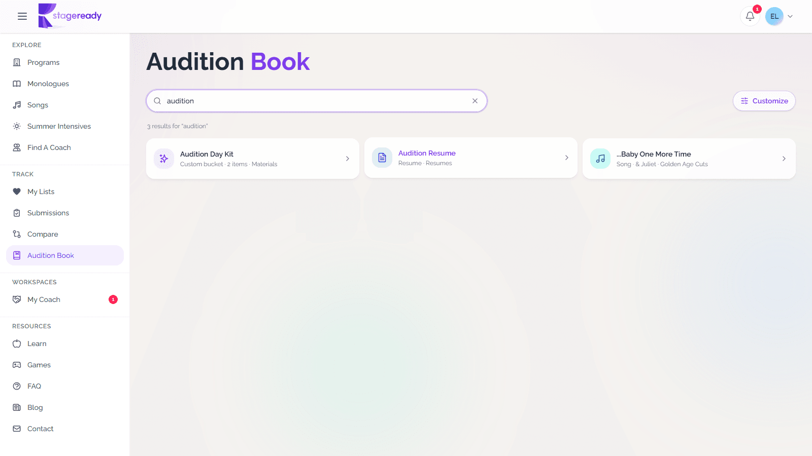 Audition Book unified search results containing repertoire pieces, materials, and buckets