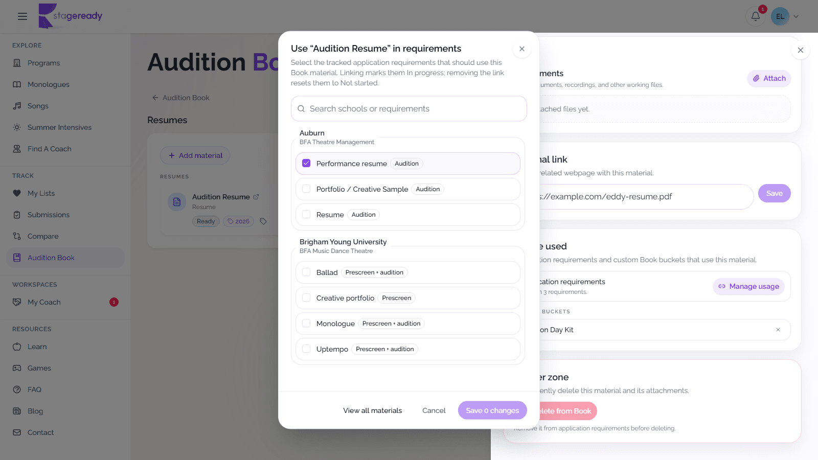 Book material Use in requirements dialog grouping tracked programs and labeling requirements Prescreen, Audition, or Prescreen plus audition
