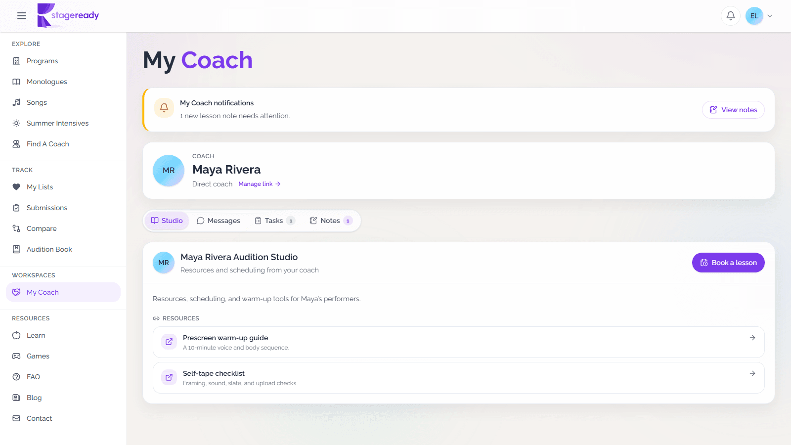 My Coach connection header with the coach name, section tabs, and Manage link