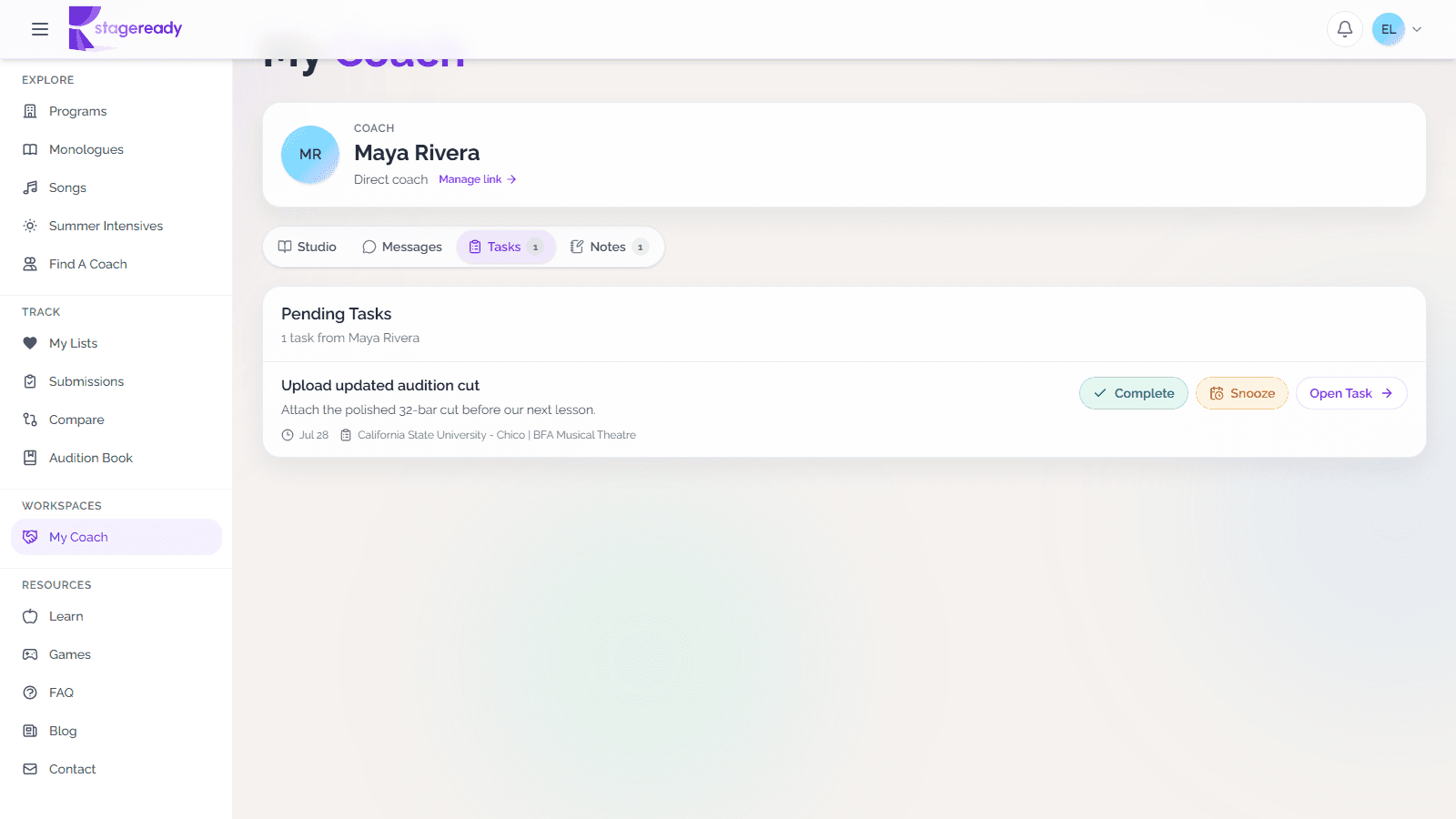 My Coach Tasks tab with a coach-assigned task and Complete, Snooze, and Open Task controls