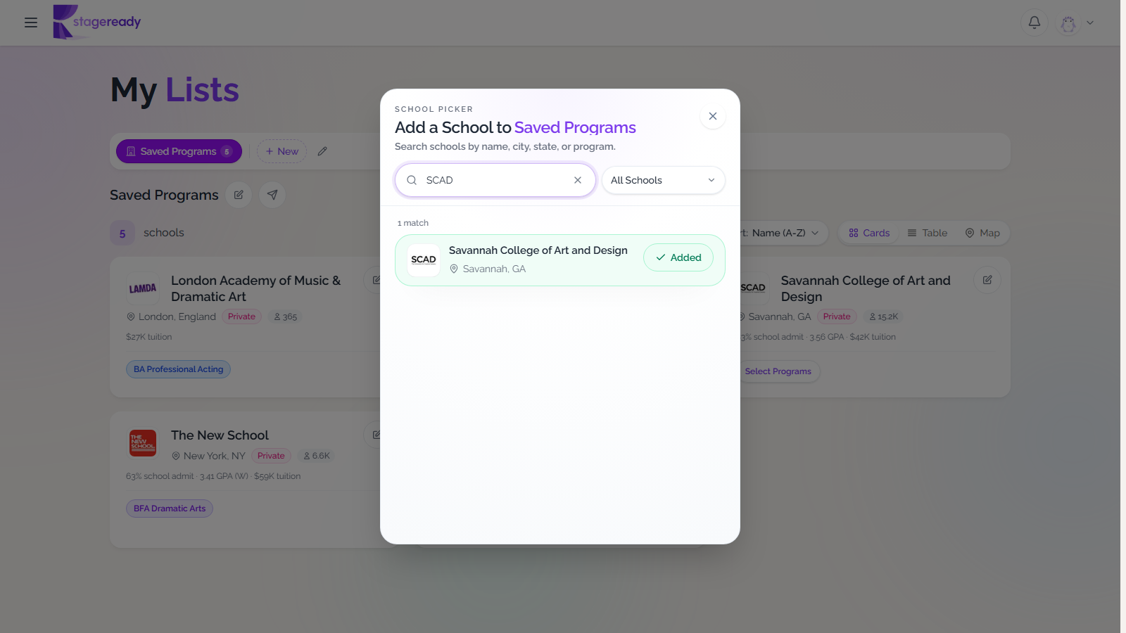 School picker searched for SCAD and showing the school is already added