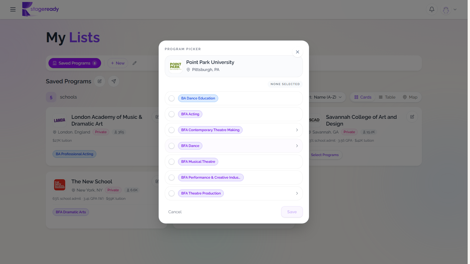 Program picker for Point Park University with selectable degree programs
