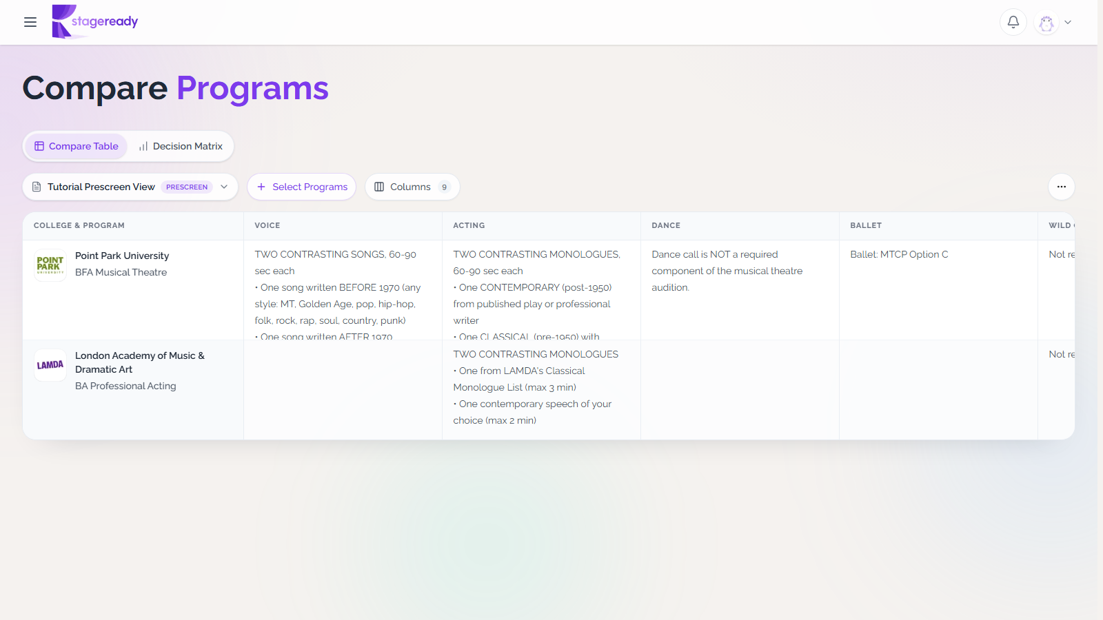 Program comparison table with school logos and prescreen columns