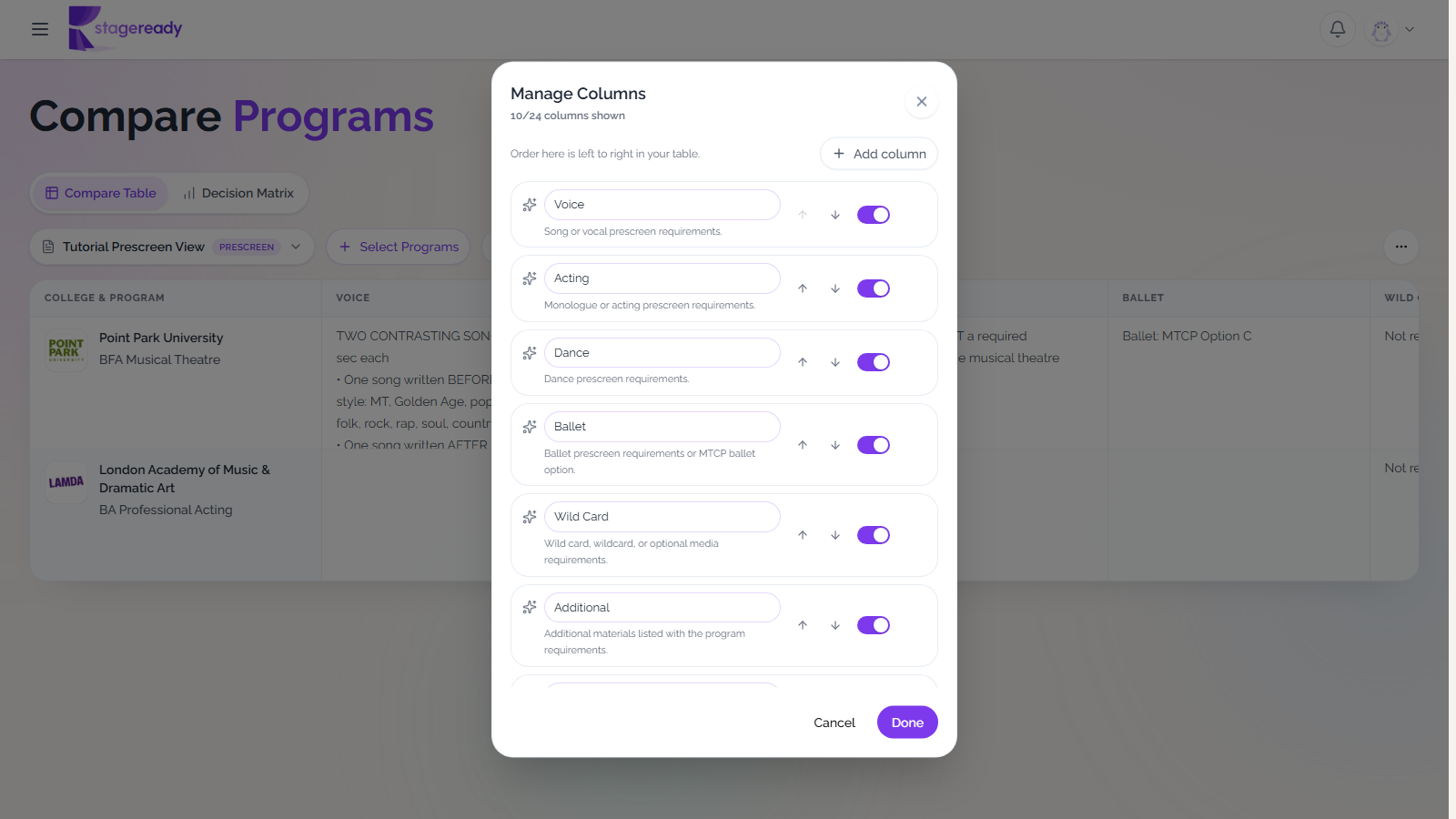 Manage Columns modal showing Voice, Acting, Dance, Ballet, Wild Card, and Additional prescreen columns